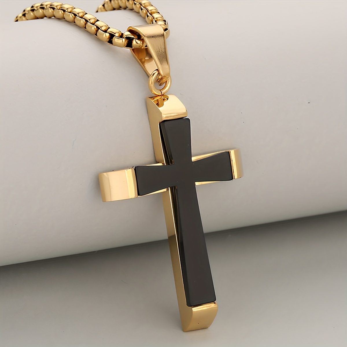 Double Layer Cross Pendant Necklace in Two-Tone Satin-Mirror Finish